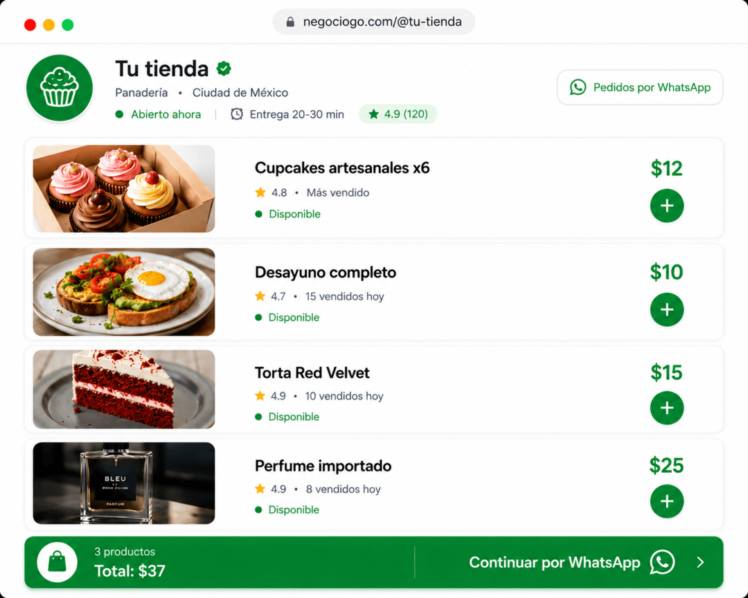 Vista de catálogo y pedidos por WhatsApp